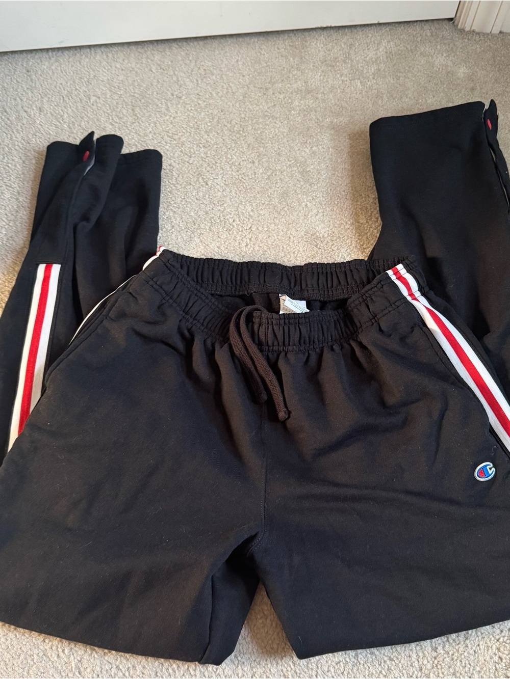 Vintage Black Champion Sweatpants Track Pants with Red Stripe on sides